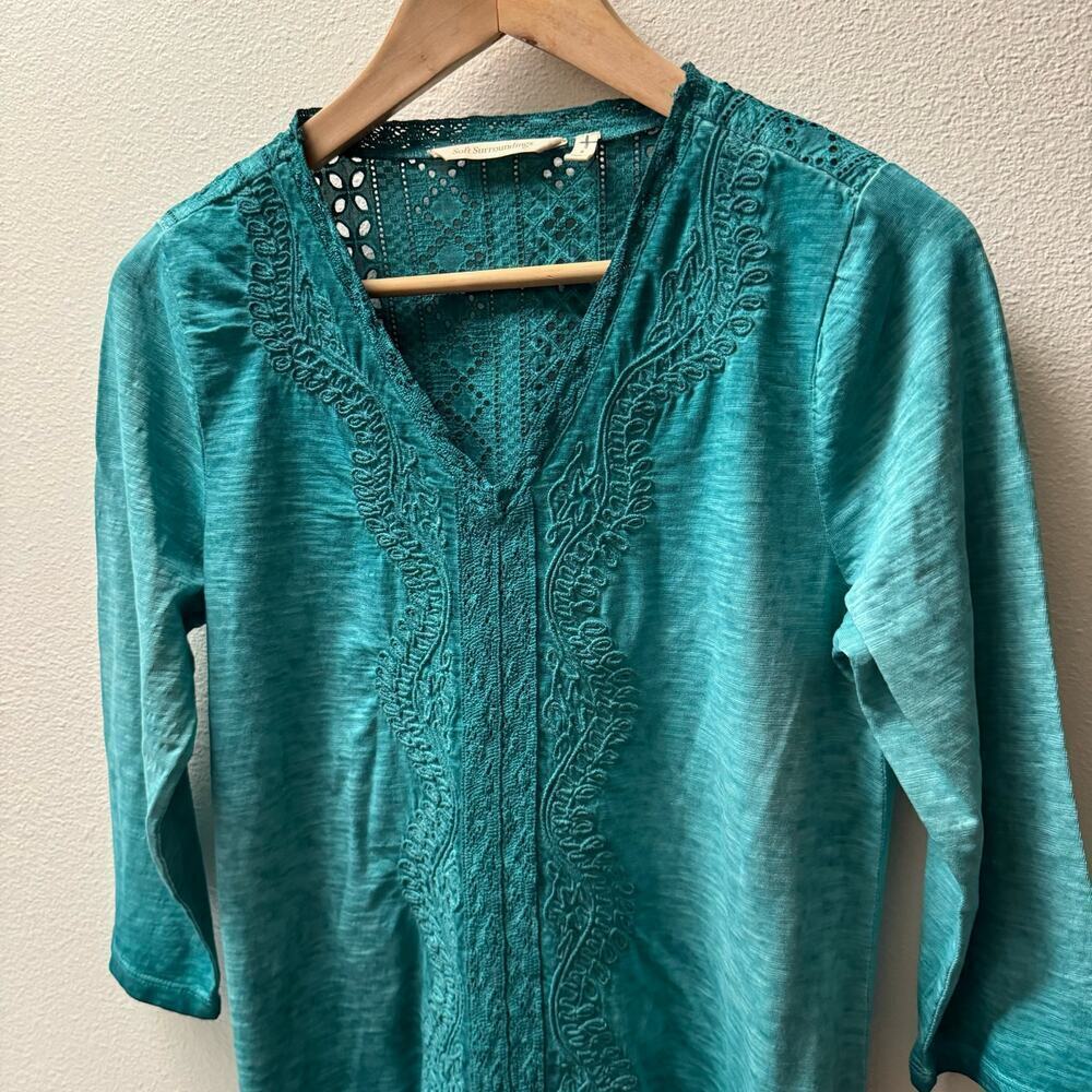 Soft Surroundings Teal Eyelet Knit Boho V-cut Quarter Sleeves Top Women's sz S - Picture 3 of 10